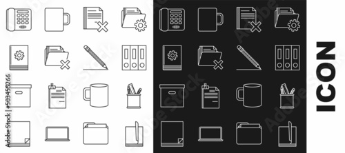 Set line File document, Pencil case stationery, Office folders with papers and documents, Delete file, User manual, Telephone and eraser line icon. Vector