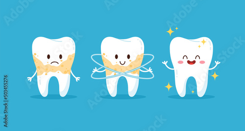 Set of teeth cartoon characters with different emotions on faces flat style