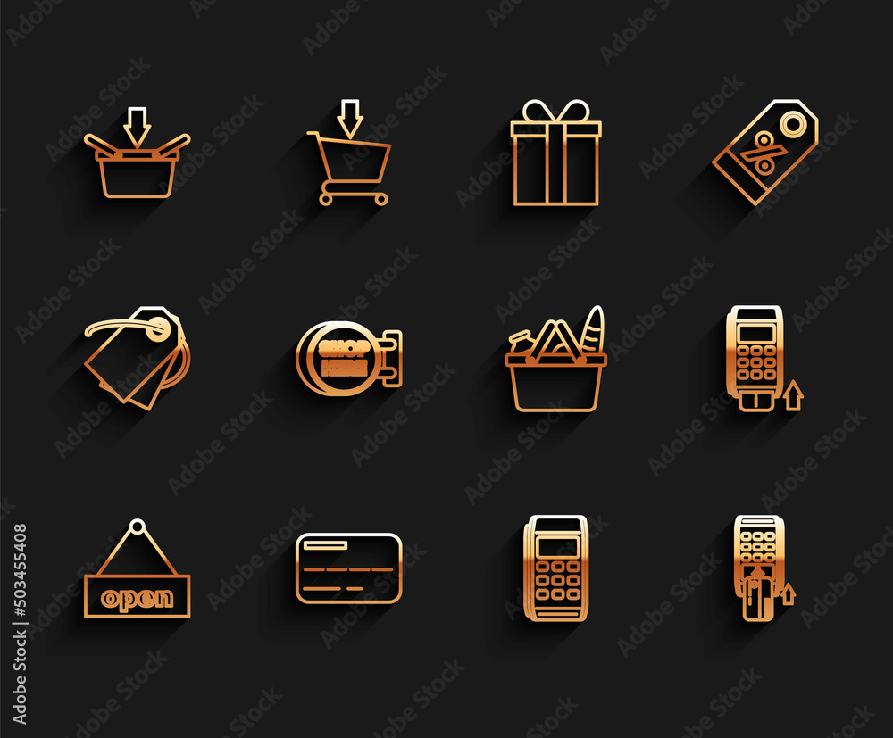 Set line Hanging sign with text Open door, Credit card, Shopping basket, Pos terminal, inserted credit, Signboard hanging inscription shop here, and and food icon. Vector Set line Hanging sign with text Open door, Credit card, Shopping basket, Pos terminal, inserted credit, Signboard hanging inscription shop here, and and food icon. Vector
