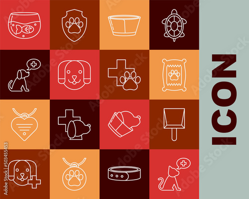 Set line Veterinary clinic symbol, Dustpan, Bag of food for dog, Protective cone collar, Dog, Aquarium with fish and icon. Vector