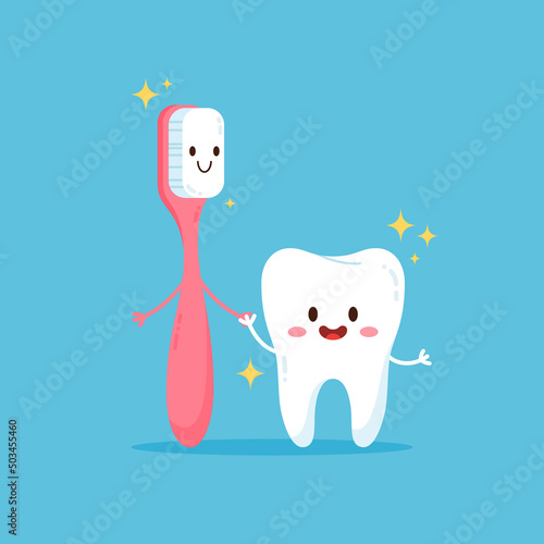 Cute tooth and toothbrush kawaii characters, flat vector illustration isolated.