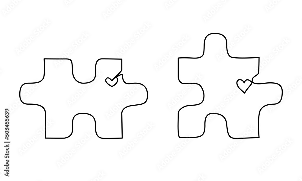 Set of two jigsaw puzzle pieces with little hearts in one line style for marriage therapy website or invitation design Set of two jigsaw puzzle pieces with little hearts in one line style for marriage therapy website or invitation design