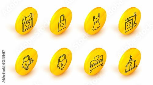 Set line Church building, Bedroom, Castle the shape of a heart, and key, Two blanks photo frames hearts, Woman dress, Shopping bag with and Calendar icon. Vector