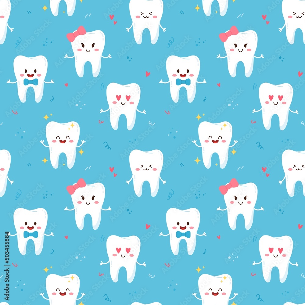 Cute teeth characters seamless pattern, flat vector illustration.