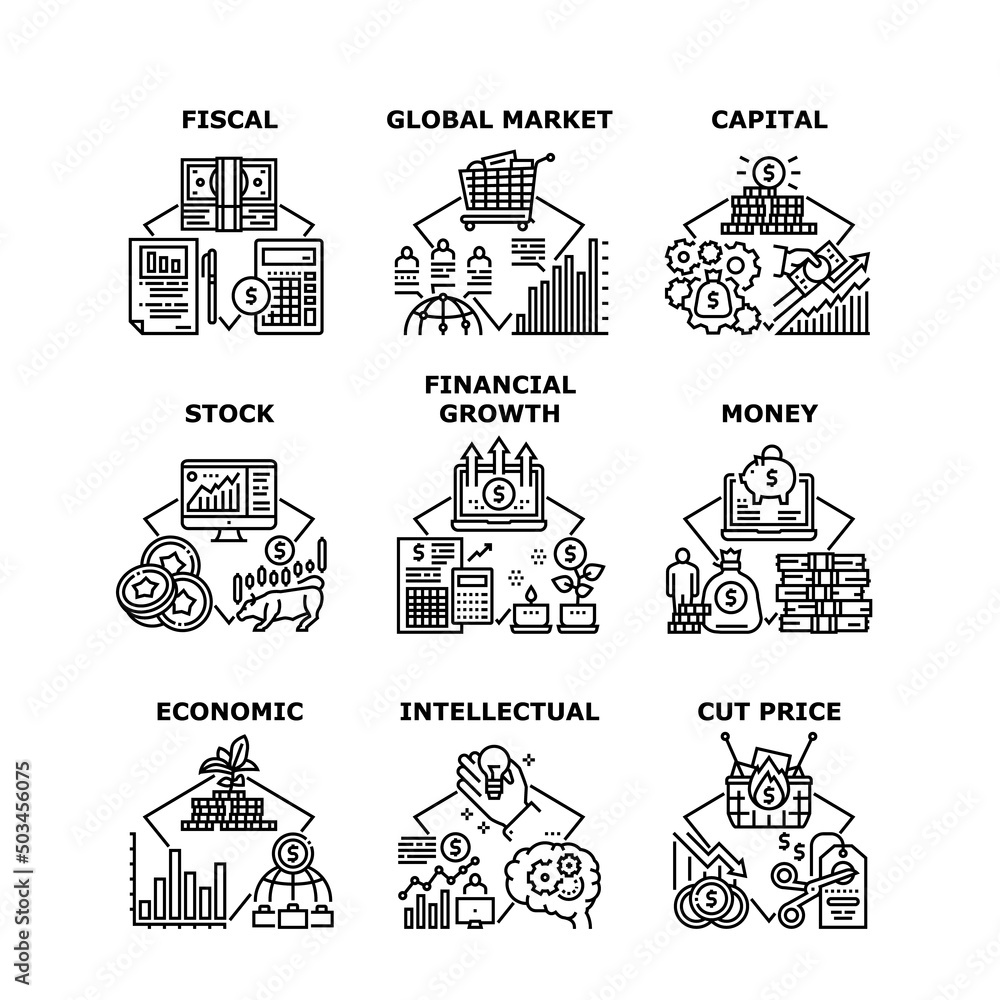 Financial Growth Set Icons Vector Illustrations. Money Capital Financial Growth And Economic, Fiscal And Global Market, Stock And Intellectual. Cut Price Seasonal Discount Black Illustration Financial Growth Set Icons Vector Illustrations. Money Capital Financial Growth And Economic, Fiscal And Global Market, Stock And Intellectual. Cut Price Seasonal Discount Black Illustration