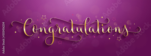 CONGRATULATIONS metallic gold vector brush calligraphy greeting card with bokehs and stars on pink background