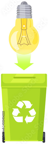 Waste electrical and electronic equipment. Used light bulb for recycling, reuse. Light bulb near waste bin with recycling logo. Protection of nature and ecology concept. Eco friendly technology