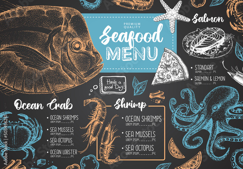 Chalk drawing seafood restaurant menu design with hand drawing fish. Vector illustration