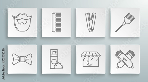 Set line Bow tie, Hairbrush, Shaving gel foam, Barbershop building, Crossed electrical hair clipper or shaver, Curling iron for, and Mustache and beard icon. Vector