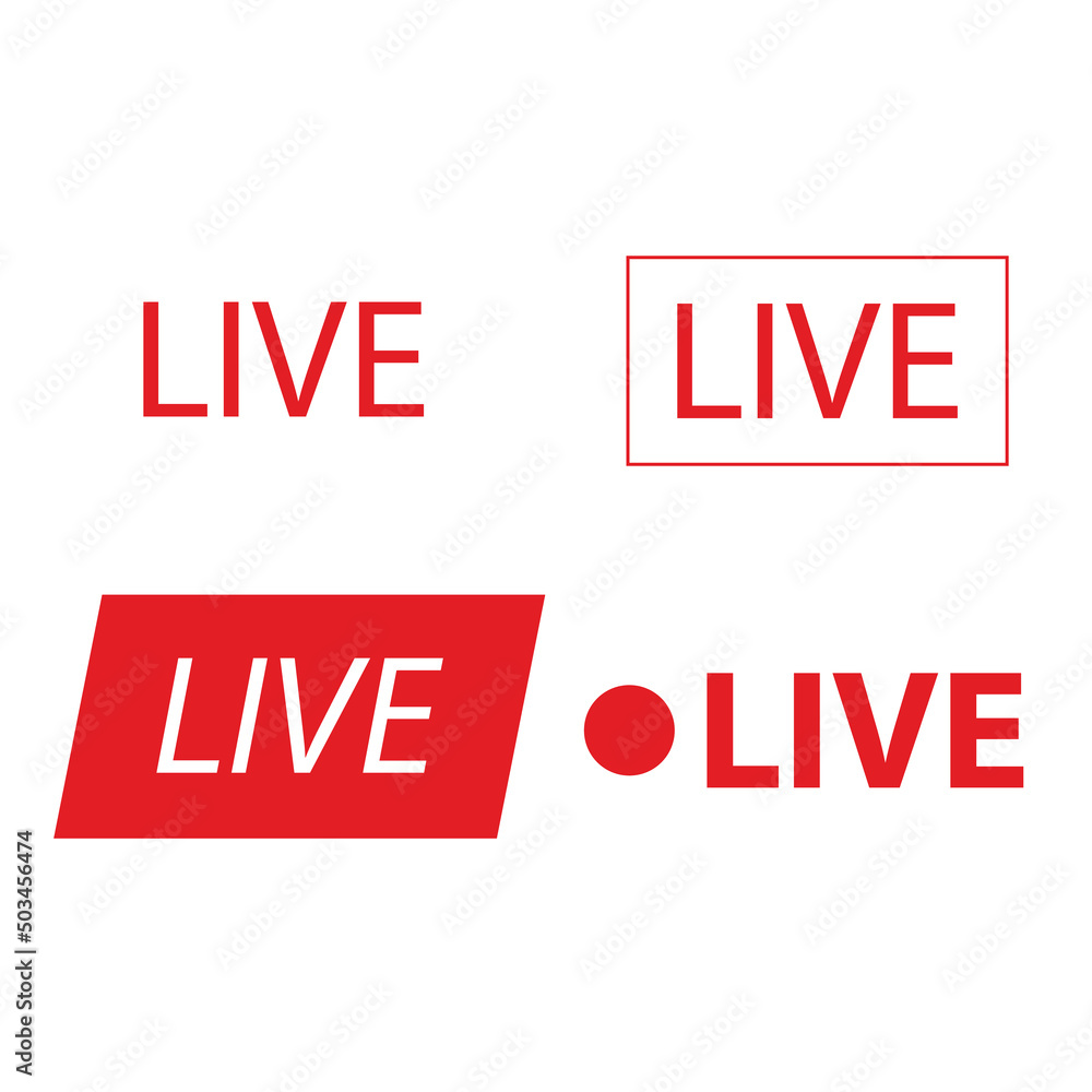 Set of live streaming icons. Online channel, live event stickers isolated. Red symbols and buttons of live streaming, broadcasting, online stream. Set of live streaming icons. Online channel, live event stickers isolated. Red symbols and buttons of live streaming, broadcasting, online stream.