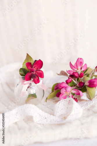 Glass vase with beautiful blooming rose branches. Light postcard background with bokeh.