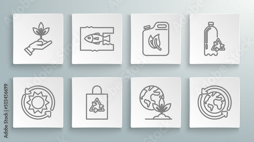 Set line Solar energy panel, Plastic bag with recycle, Earth globe and plant, Planet earth recycling, Bio fuel canister, Recycling bottle and Plant hand of environmental protection icon. Vector