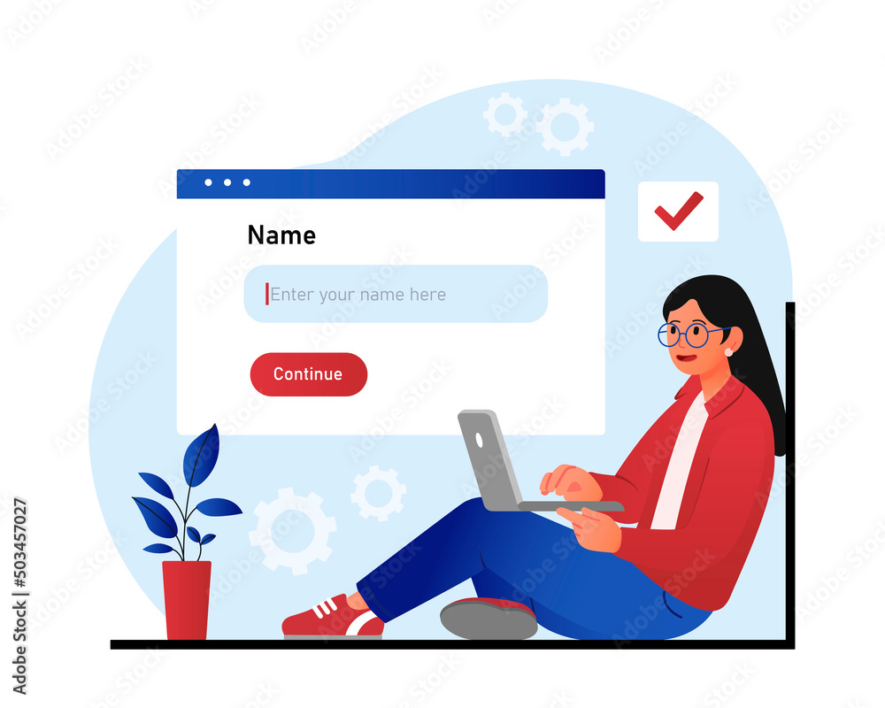 Woman enter name. Young girl registers on website, enters her nickname