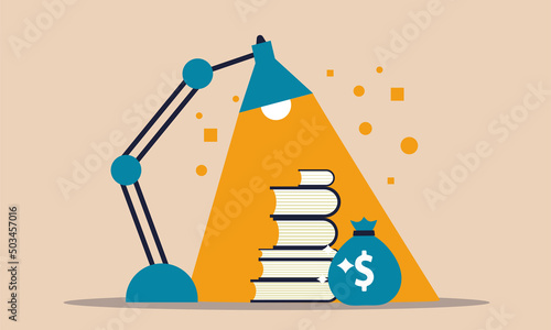 Bank graduation money and school learn student. Stack earn to knowledge degree and education debt vector illustration concept. Scholarship university and learning book. Study diploma and budget save