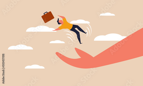 Help crisis with hand trust and entrepreneur fall. People downfall and money problems protection vector illustration concept. Finance growth leadership and rescue business with assistance investment