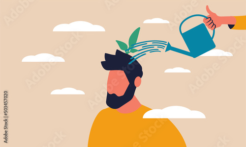 Self care mindset and positive learn or esteem. Change belief and development mind brain vector illustration concept. Knowledge fulfillment and growth improvement attitude people. Creativity head tree