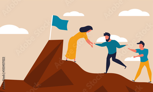 Employee mountain help and risk climbing. Leadership motivation and opportunity cooperation vector illustration concept. Friendship helping and assistance group people. Teamwork target and strategy