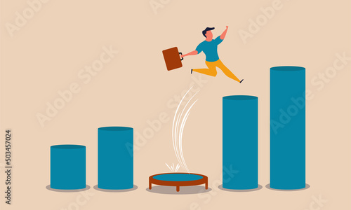 Bounce growth jump and business achievement graph. Power rebound and recover springboard vector illustration concept. Trampoline fast economic investment and overcome positive success up confidence