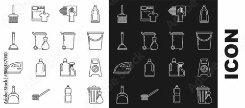 Set line Trash can and garbage bag, Wet floor cleaning in progress, Bucket, Cleaning service, Toilet plunger, Handle broom and icon. Vector