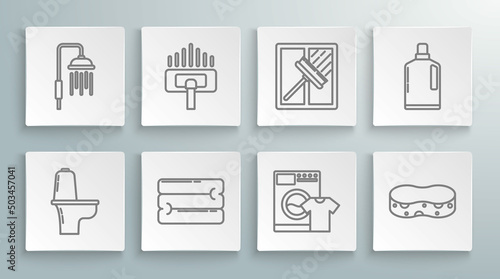 Set line Toilet bowl, Towel stack, Washer and t-shirt, Sponge, Squeegee, scraper, wiper, Plastic bottles for liquid dishwashing liquid and Shower head with water drops flowing icon. Vector