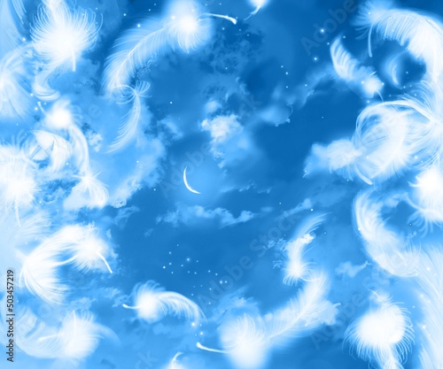 ふわふわ舞う天使の羽と美しい三日月が輝く夜空のイラスト