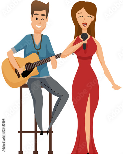 Music band, playing guitar, duet singing concept. Man playing musical instrument and girl vocalist. Young guitarists amateur performance. Musicians couple with acoustic guitar and microphone