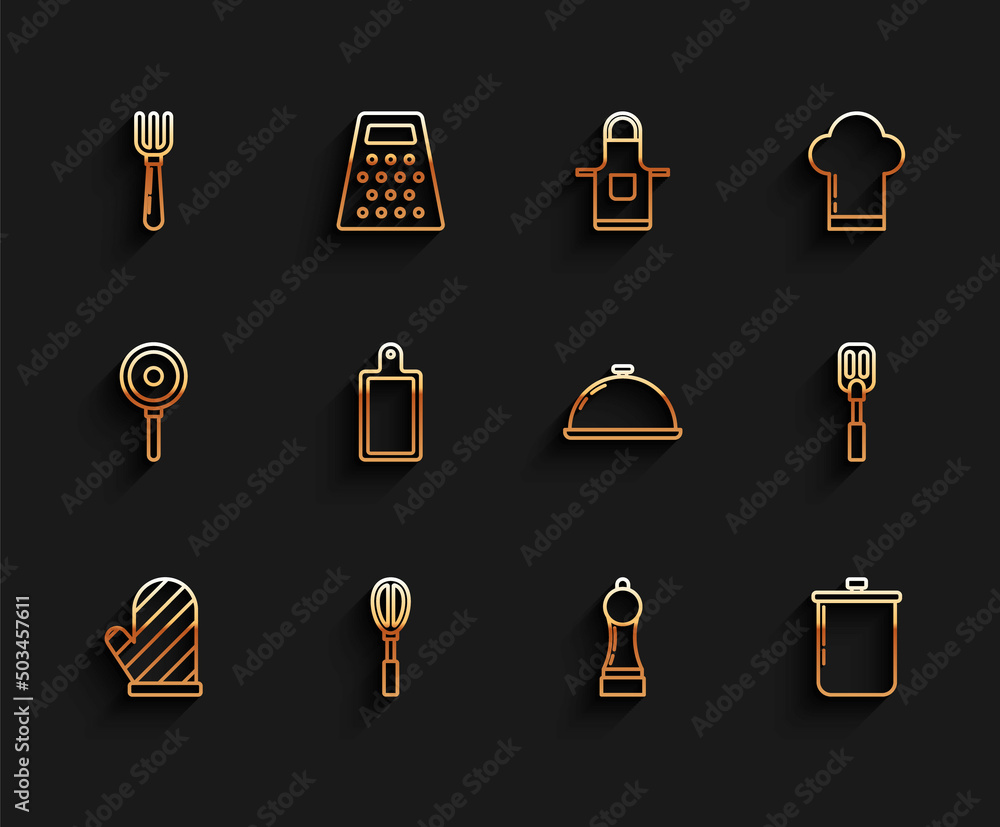 Set line Oven glove, Kitchen whisk, Fork, Pepper, Cooking pot, Cutting board, Spatula and Covered with tray of food icon. Vector