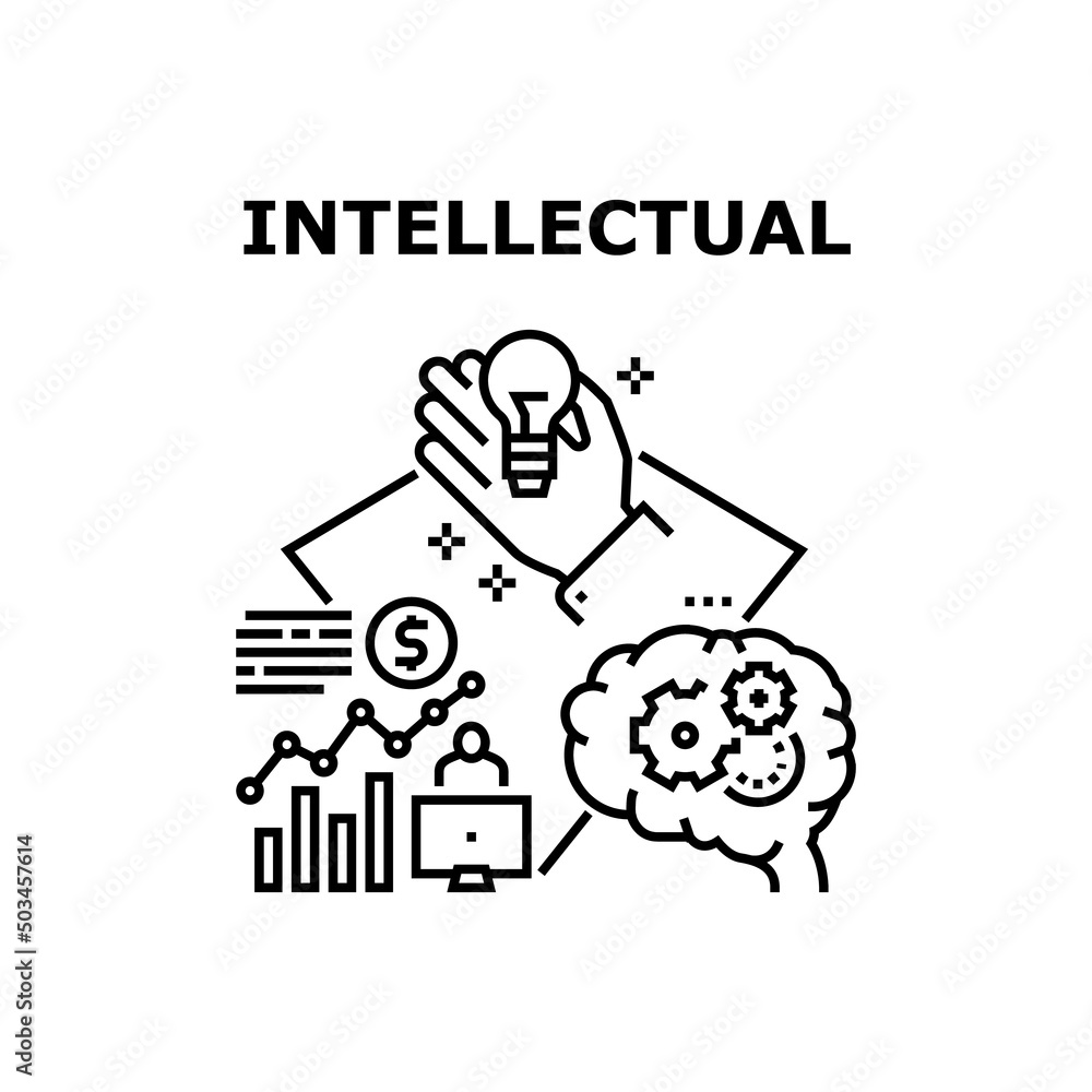 Intellectual Vector Icon Concept. Intellectual Processing For Startup And Developing Company Strategy, Business Idea Management And Analyzing Financial Report On Computer Black Illustration Intellectual Vector Icon Concept. Intellectual Processing For Startup And Developing Company Strategy, Business Idea Management And Analyzing Financial Report On Computer Black Illustration