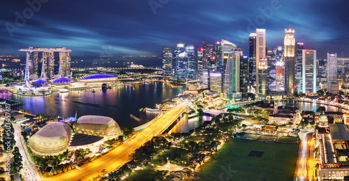 Aerial view of Singapore business district and city at twilight in Singapore, Asia - Marina bay
