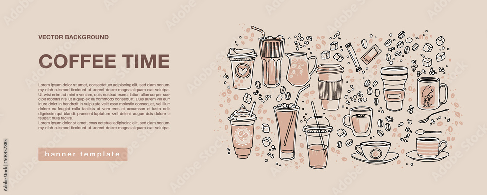 Horizontal beige color banner for marketing campaign, advertising, promotions. Hand drawn various linear coffee cups, mugs, frappe glasses, coffee beans, sugar and spoons in the right side and text