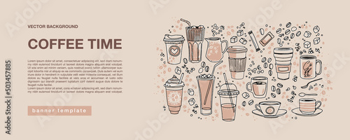 Horizontal beige color banner for marketing campaign, advertising, promotions. Hand drawn various linear coffee cups, mugs, frappe glasses, coffee beans, sugar and spoons in the right side and text