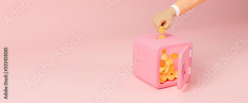 Hand putting coin falling into pink safe box, piggy bank, deposit banking account and savings concept of growth, money-saving, and stored money, budget, finance concept, 3d rendering illustration photo