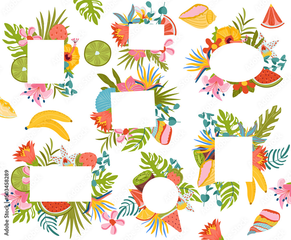 Set of Summer compositions, tropical leaves, flowers and exotic fruits with frames inside for your text. Vector illustration Set of Summer compositions, tropical leaves, flowers and exotic fruits with frames inside for your text. Vector illustration
