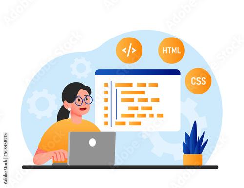 Woman programming at home. Young girl writes code for website, develops application or program. Programmer or IT specialist, modern technologies and digital world. Cartoon flat vector illustration