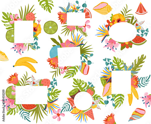 Set of Summer compositions  tropical leaves  flowers and exotic fruits with frames inside for your text. Vector illustration