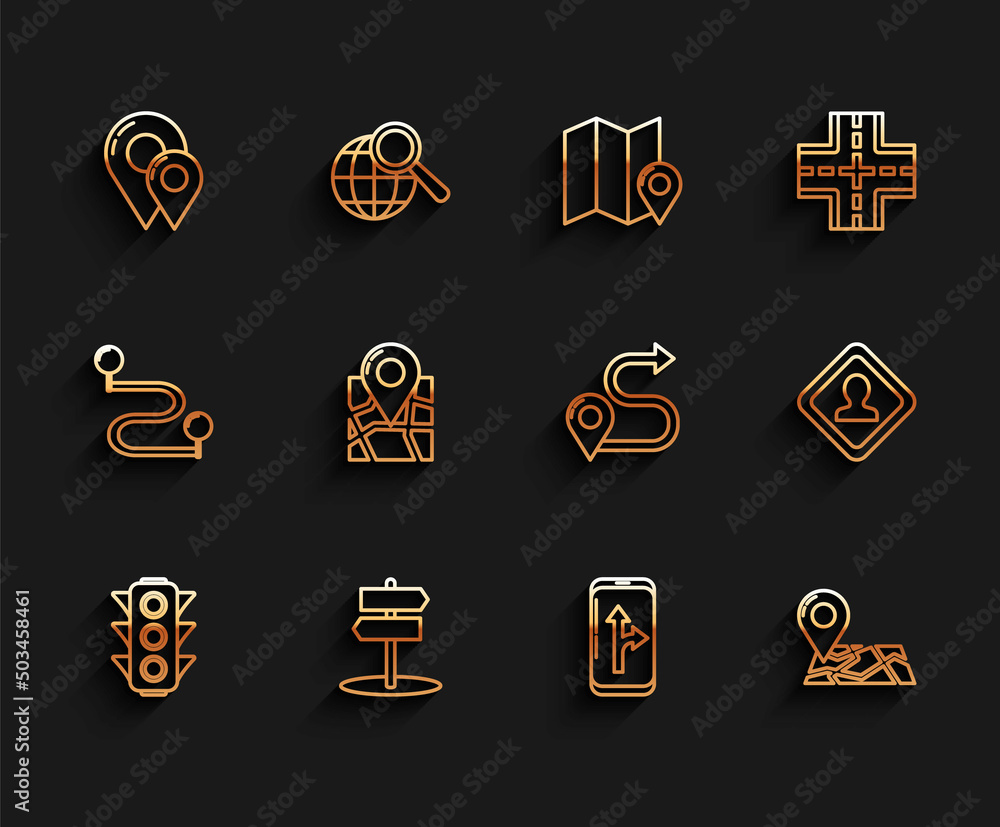 Set line Traffic light, Road traffic sign, Map pin, Infographic of city map navigation, Folded with location marker, and Route icon. Vector Set line Traffic light, Road traffic sign, Map pin, Infographic of city map navigation, Folded with location marker, and Route icon. Vector