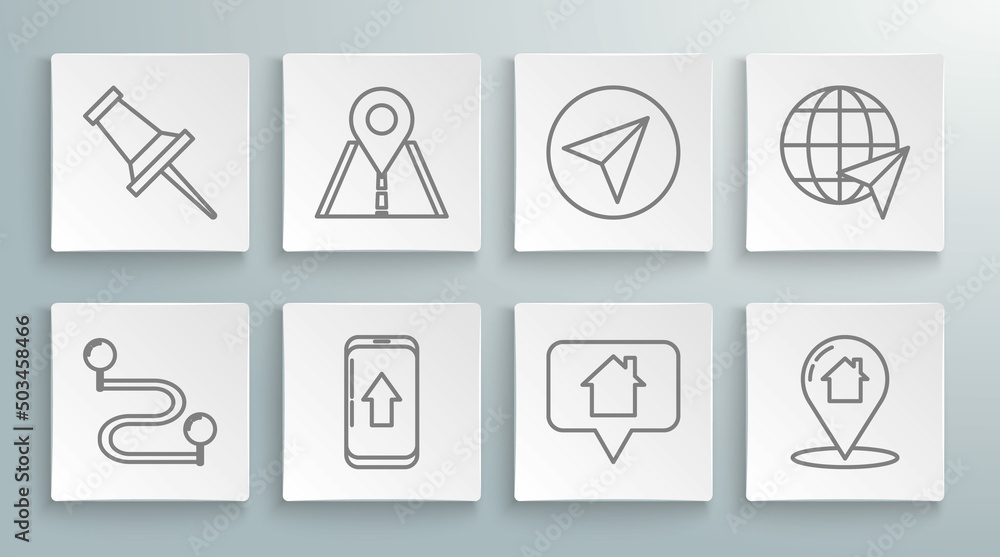 Set line Route location, Road traffic sign, Infographic of city map navigation, Map pointer with house, Paper airplane, Location the globe and Push pin icon. Vector Set line Route location, Road traffic sign, Infographic of city map navigation, Map pointer with house, Paper airplane, Location the globe and Push pin icon. Vector
