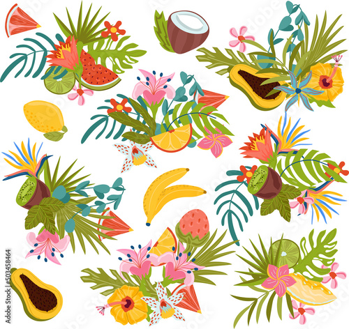 Set of cute Summer compositions, tropical leaves, flowers and exotic fruits other perfect for postcard, scrapbooking, beach party. Vector illustration.