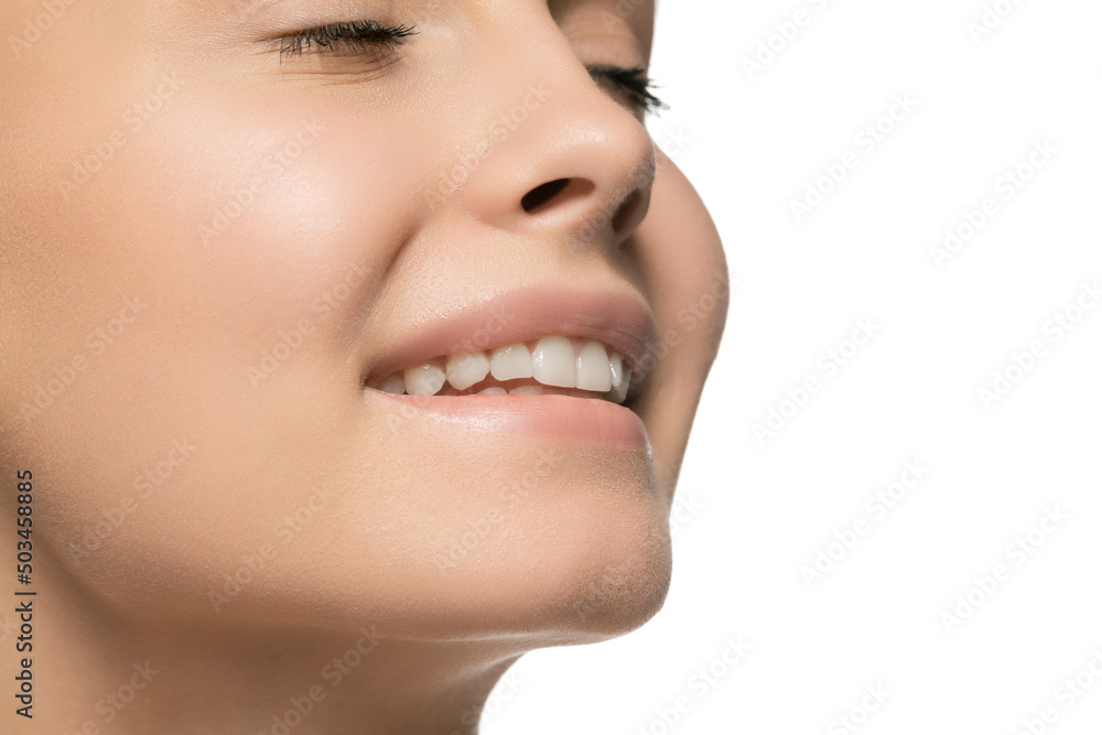 Cropped portrait of beautiful young girl with clean, well kept skin. Concept of cosmetics, makeup, natural and eco treatment, skin care.