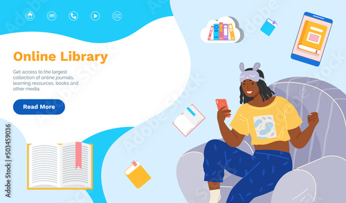 Online library website homepage landing page template banner Electronic book storage for reading. Girl chooses book in online library or store application. Lady reads literature via internet