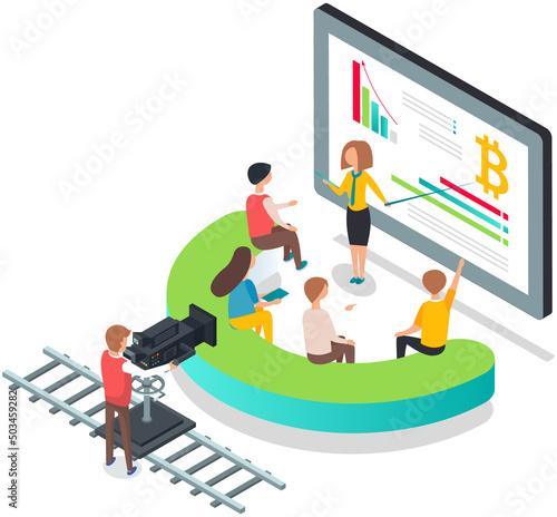 Filming television news program scene with business woman tells crypto market research results. Presenter journalist interviewing guests at studio, cameraman recording video. Journalism, mass media
