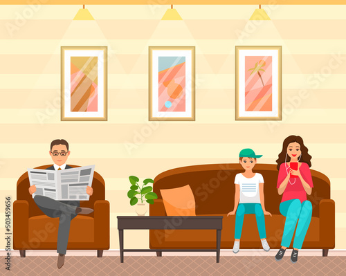Rest and relaxation in cozy room. Businessman in armchair with newspaper. Interior design of modern living room of house or hotel. Children sit on couch and relax. People in hotel or at home