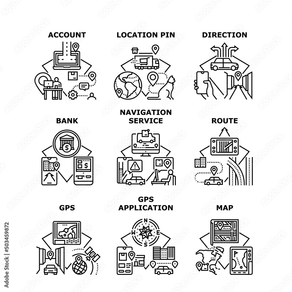 Navigation Service Set Icons Vector Illustrations. Navigation Service And Gps Application With Digital Map For Searching Route And Direction To Bank Account Or Address Black Illustration