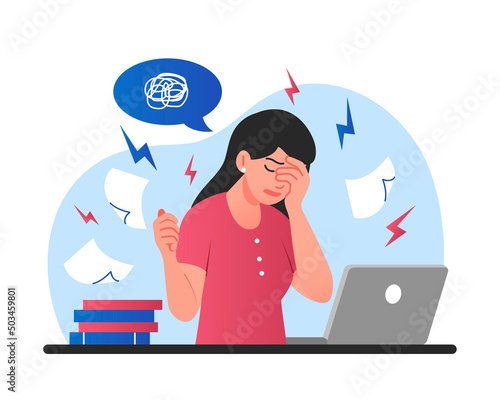 Stress at work. Sad young girl scatters papers around office. Panic and burnout, problems at workplace, employee tired, overworked manager trying to meet deadline. Cartoon flat vector illustration