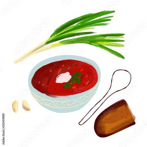 Illustration plate of borsch with a slice of rye bread green onion and garlic isolated on white background