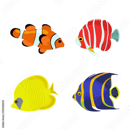 Collection of colorful tropical fish. Vector flat illustration.