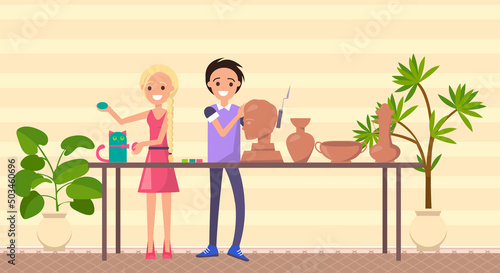 Sculptors create clay, ceramic products. Guy with special device shapes clay. Girl sculpts colored figures. Smiling characters work in creative studio. People create sculptures, work of art to order