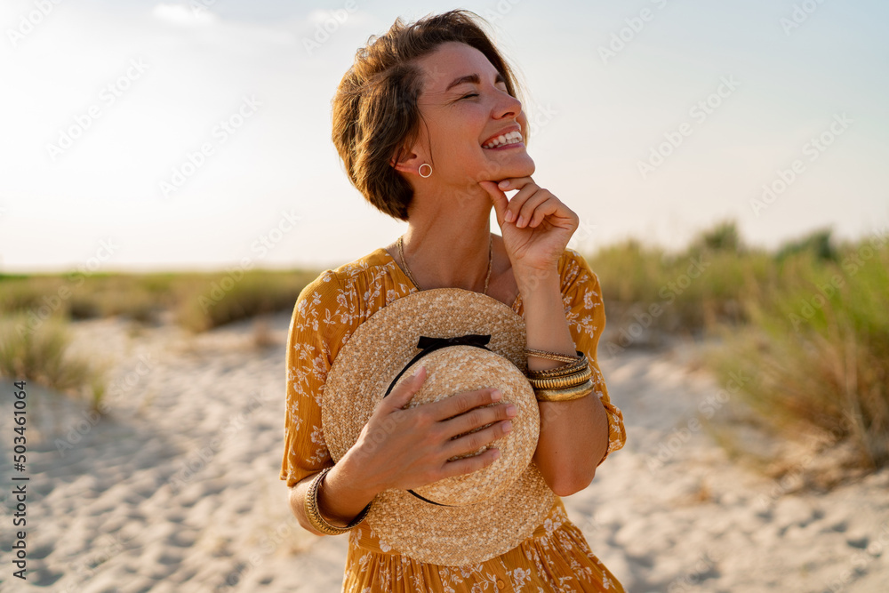 stylish attractive slim smiling woman on beach in summer style fashion trend outfit - obrazy, fototapety, plakaty 
