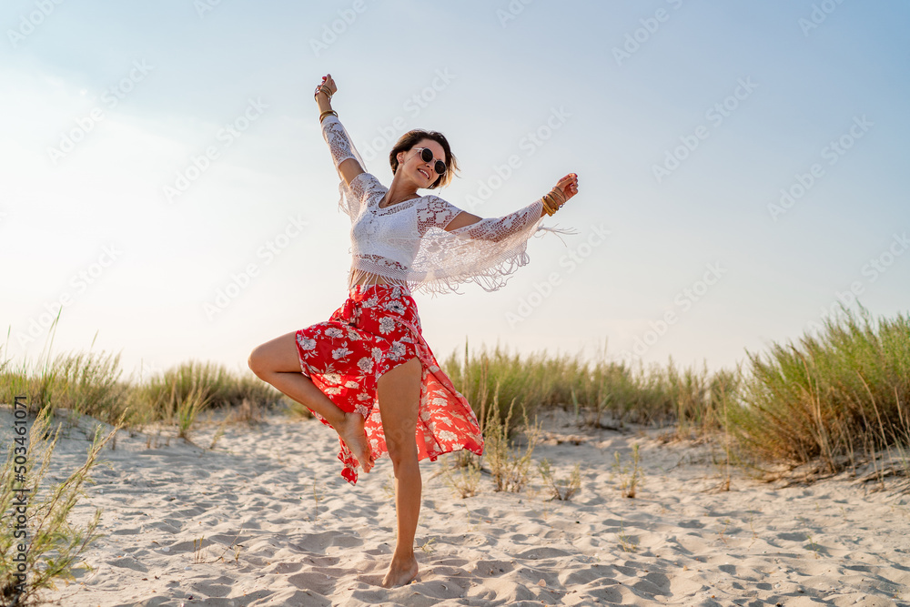 stylish attractive slim smiling woman on beach in summer style fashion trend outfit stylish attractive slim smiling woman on beach in summer style fashion trend outfit