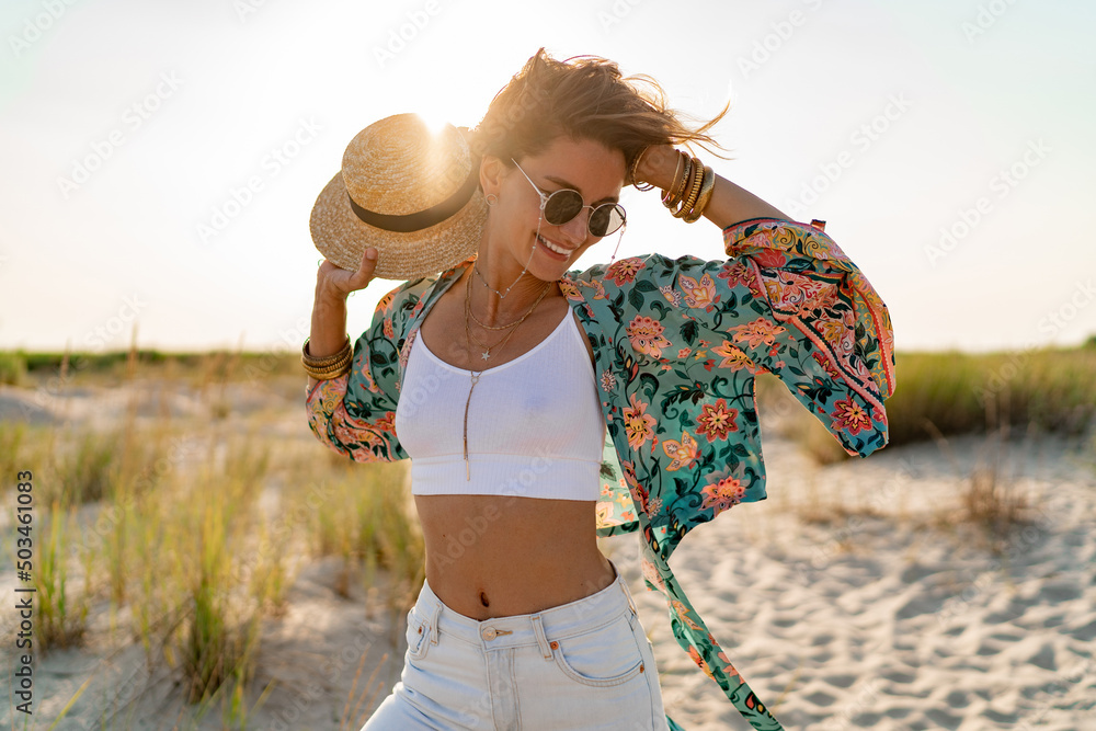 stylish attractive slim smiling woman on beach in summer style fashion trend outfit - obrazy, fototapety, plakaty 